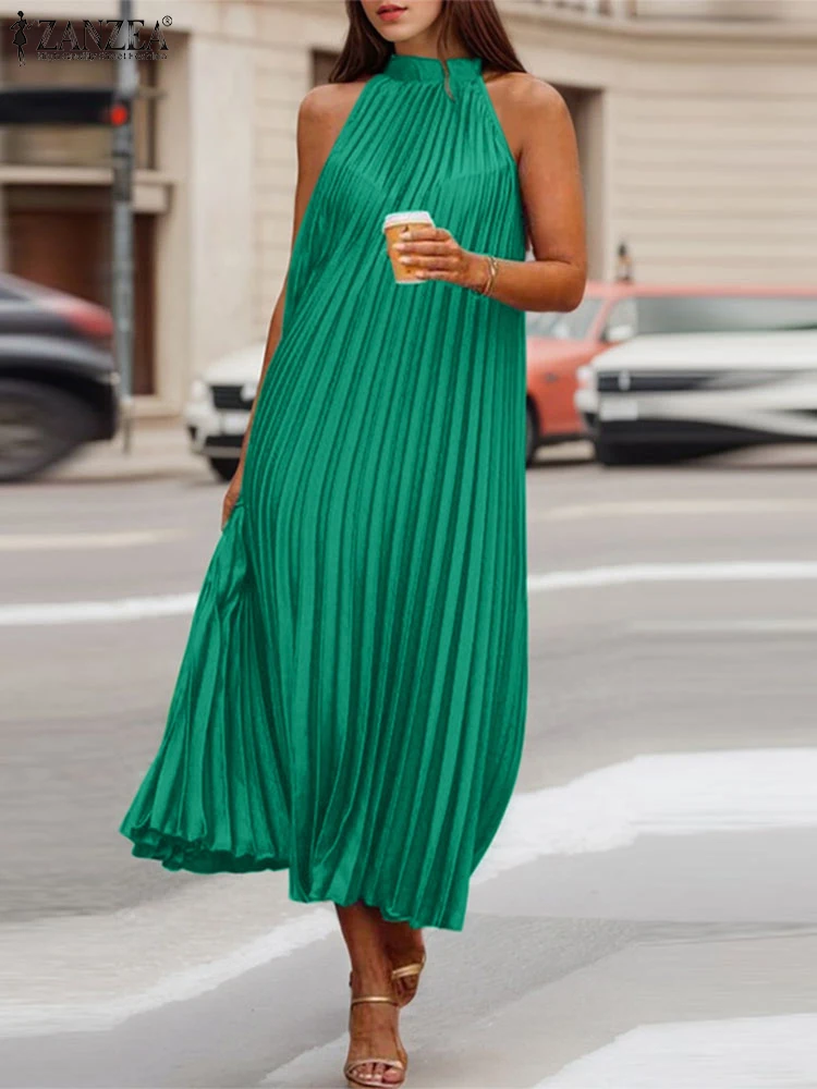 ZANZEA Stylish Sleeveless Pleated Party Dress Summer Sundress Women Elegant Stand Neck Solid Holiday Work Midi Vestido Robe 2025