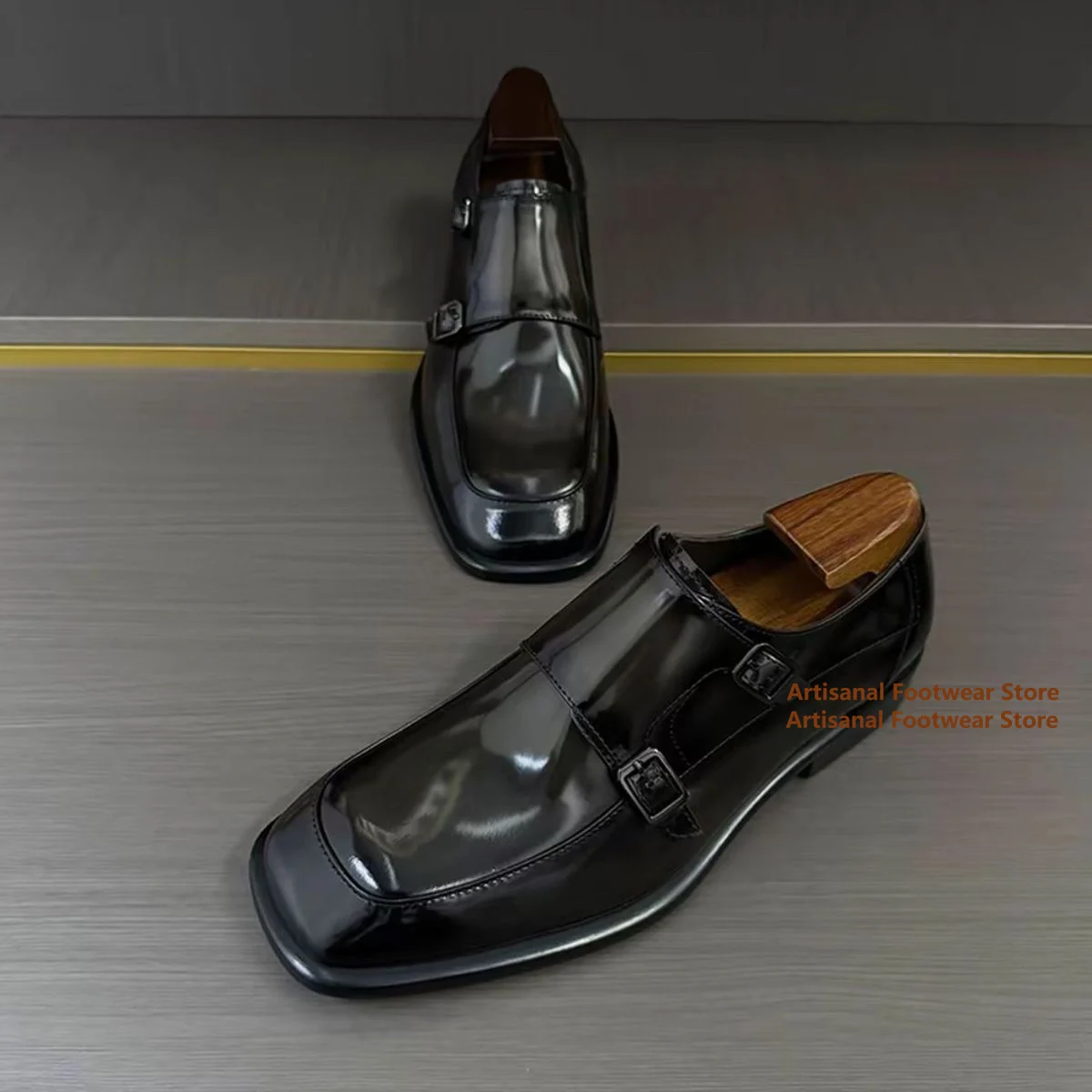 Glossy Patent Leather Double Strap Men's Shoes Square Toe Formal Business Dress Loafers Trendy Luxury Handmade Men's Shoes