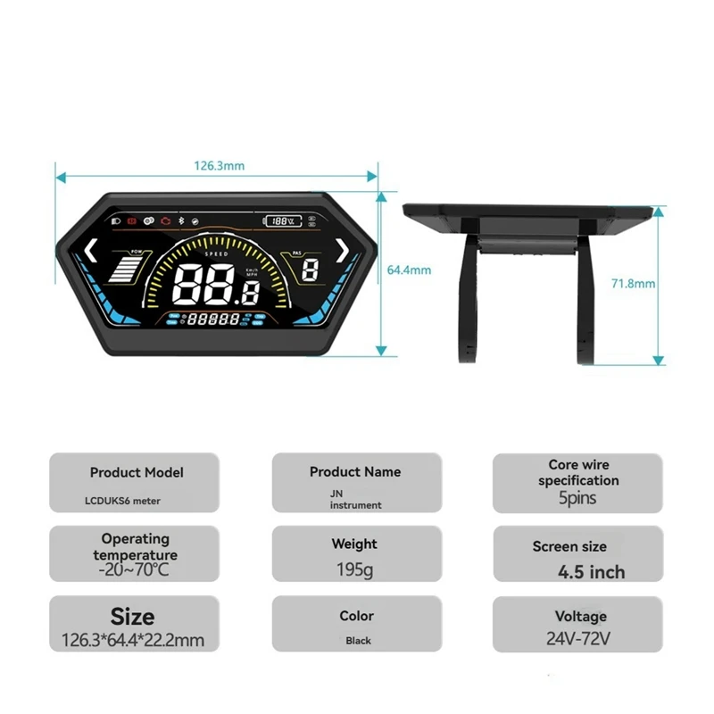 UKS6 Electric Scooter LCD Meter Color Screen 24V-72V Electric Bicycle Dashboard E-Bike Smart Display Waterproof 5PIN