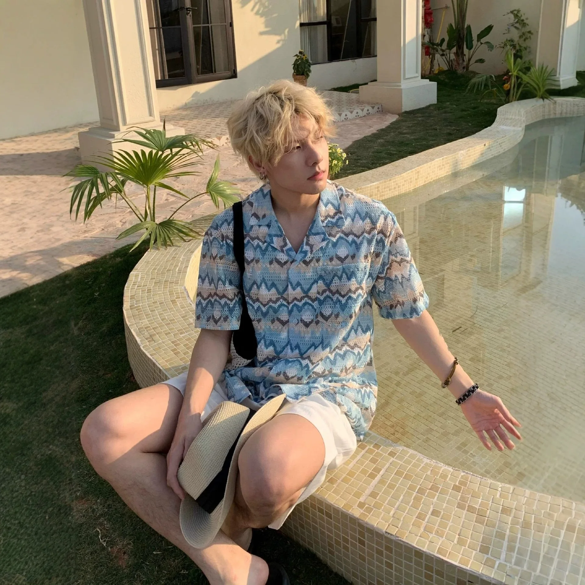 2026 Summer Men American Retro Hollow Knit Hawaiian Shirt Short Sleeve Vintage Loose Breathable Beach Vacation Casual Versatile