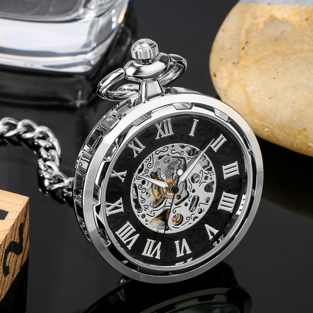 Open Face Hollow Silver Mechanical Hand Winding Pocket Watch Roman Numerals Black Dial Chain Pendant Clock Antique Style Gift