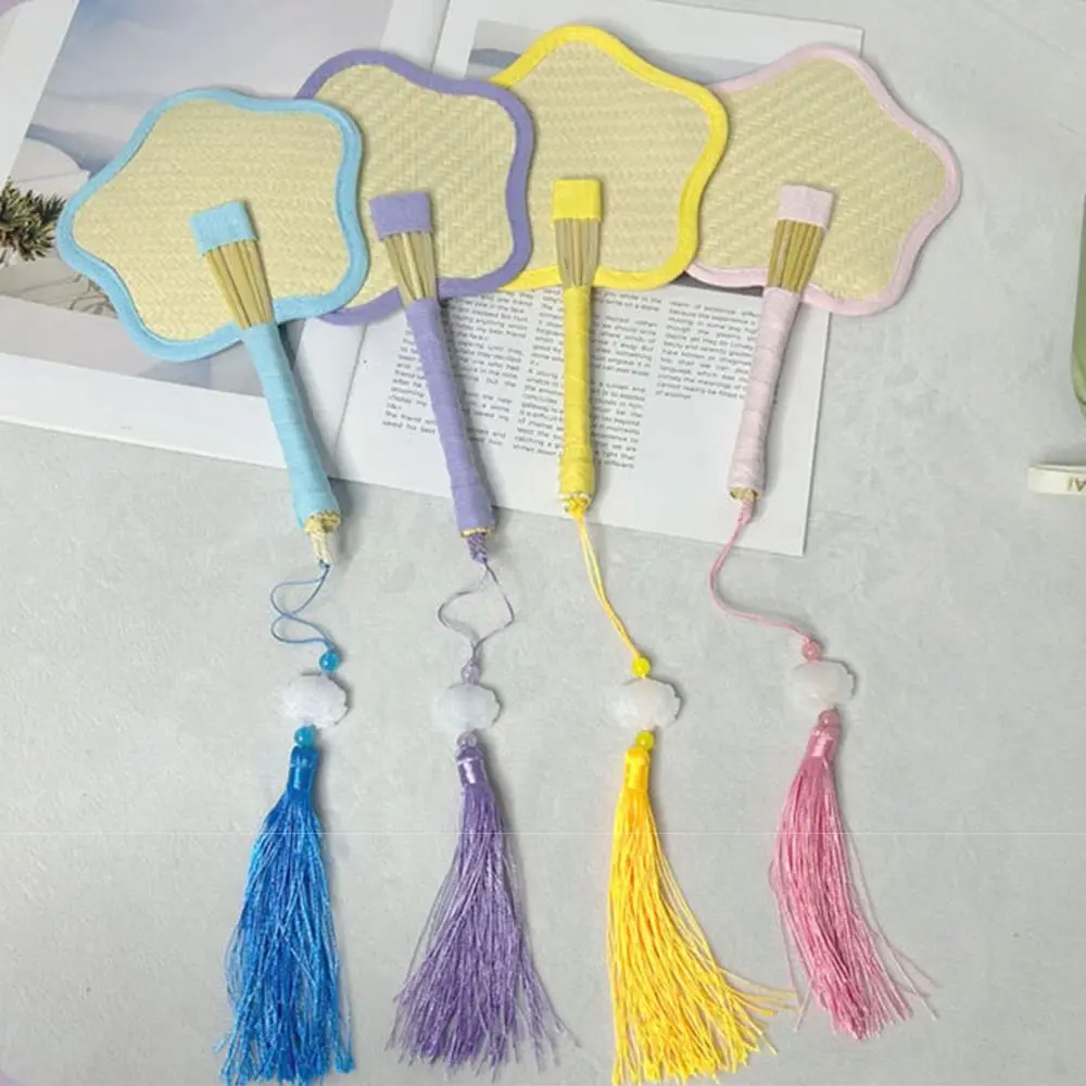 Colorful Edging Retro Floral Straw Fan Portable Comfortable Handle Hand Cranked Futon Fan Bright Color Ornaments
