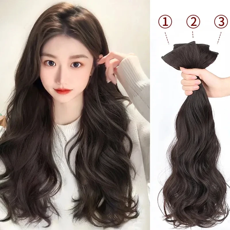 Dark brown 20 Inch Synthetic Hairpiece Clip In Hair Extensions 3 Pieces Set Invisible Water Wave Curly Hair For Everyday wear