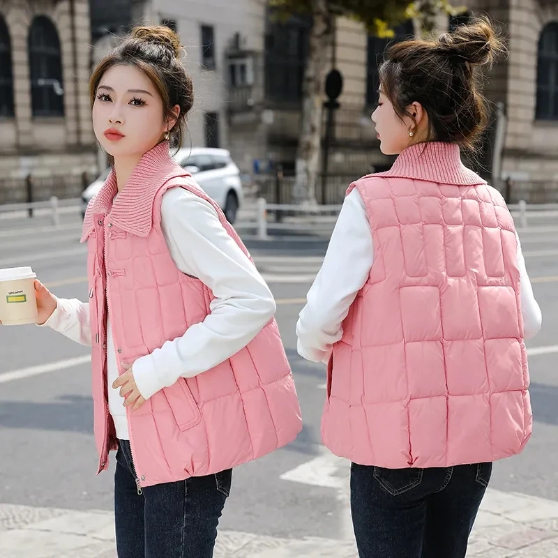 

2023NEW Autumn Winter Down Cotton Vest Women's Trendy Knitted Big Lapel Cotton Quilted Vest Coat Padded Sleeveless Parkas Jacket