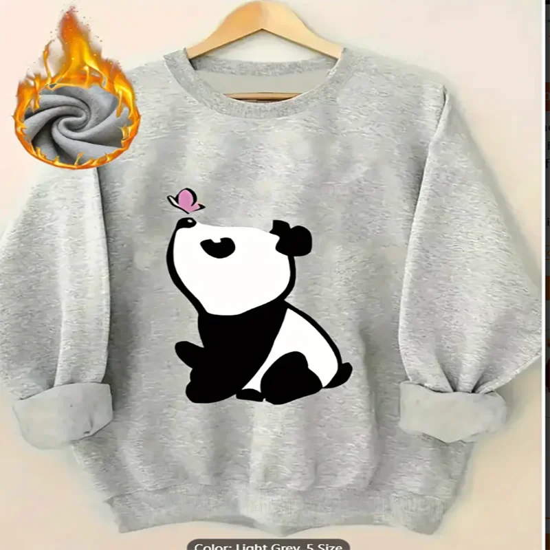 

Womens Casual Panda Butterfly Print Plush Thick Pullover Sweater Soft Fleece Lined Round Neck Machine Washable Pure Cotton