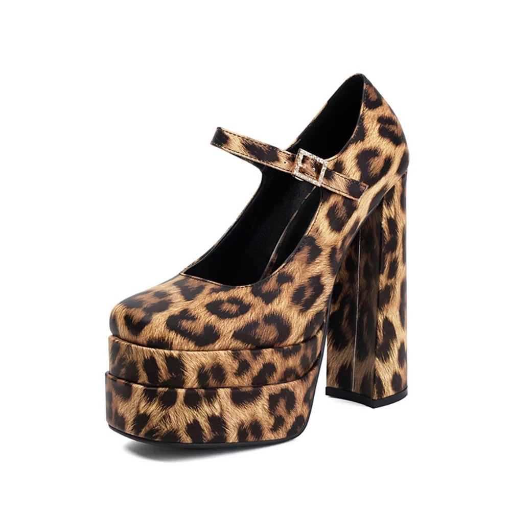Frauen Einzelnen Schuh Runde Kappe Sommer Wasserdichte Plattform Ferse Button Up Party Kleid Sexy Leopard Print Closed Toe Arbeitskleidung 820-18