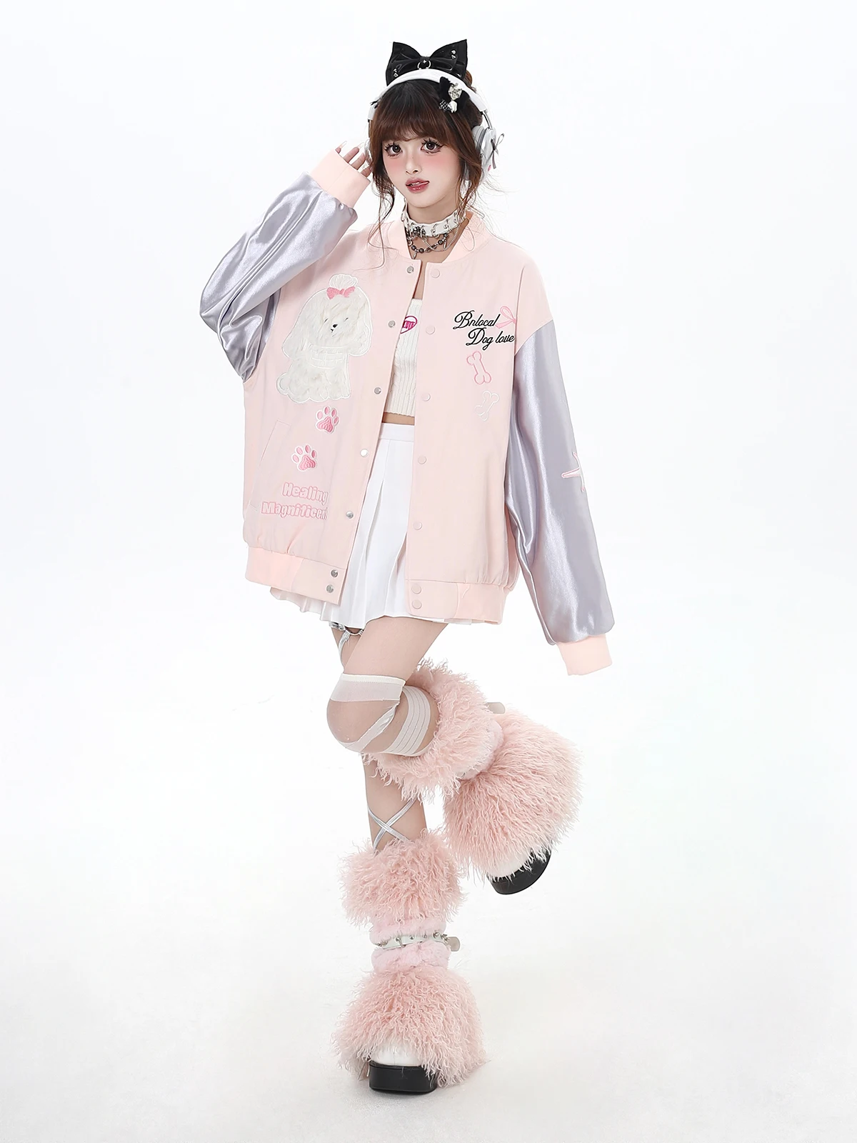 American Sweet Cool Girl Y2K Top Cute Dog Embroidery Splicing Zipper Loose Casual Baseball Uniform Jackets Tops For Women Spring