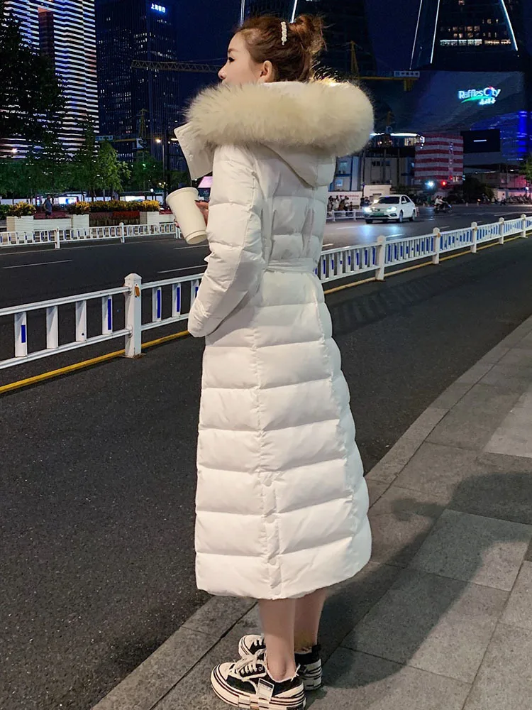 Winter Women thick white Down coats White Duck Down fur collar Hooded Jackets Long Sleeve Warm Parka Portable Outwear