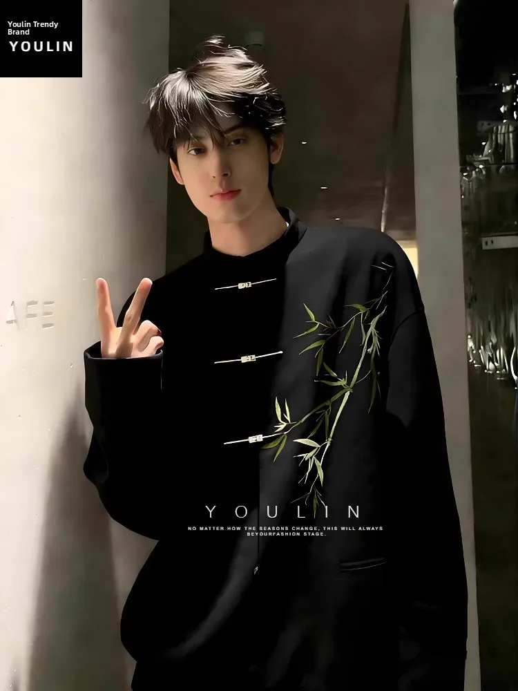 

Новый китайский мужской костюм: пиджак с воротником-стойкой, вышивкой бамбуком, для свадебных церемоний, верхняя одежда, официальная одежда, полиэстер