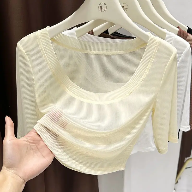 plus Size Ice Silk Mesh Short Sleeve T-Shirt Women's Fashion round Neck Cool Feeling Quick Dry Inner Wear Short Top