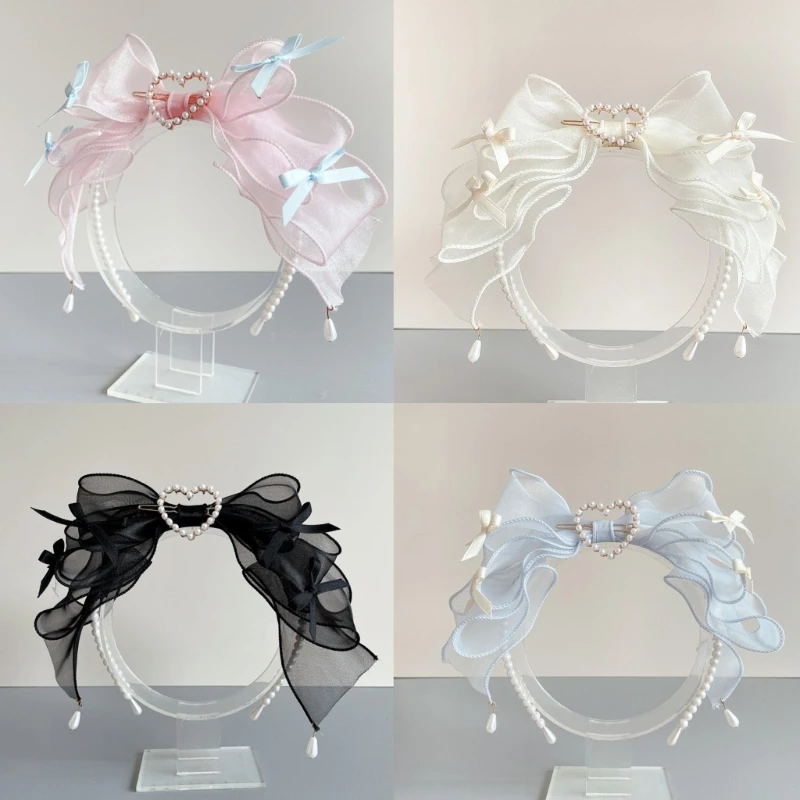 Lolita Girls Cute Pearl Bead Hairband Women Sweet Lace Bows Bridal Hair Hoop Gothic Cosplay Wedding Party Headband Photo Props image 2