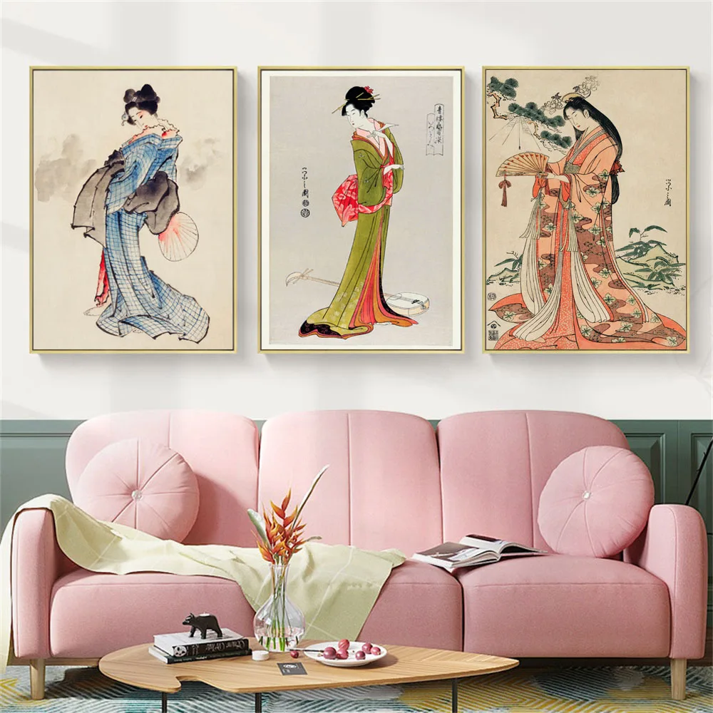 

Vintage Japanese Geisha Canvas Painting Posters Wall Art Print Japanese Women Kimono Poster Print Bar Dining Room Wall Decor