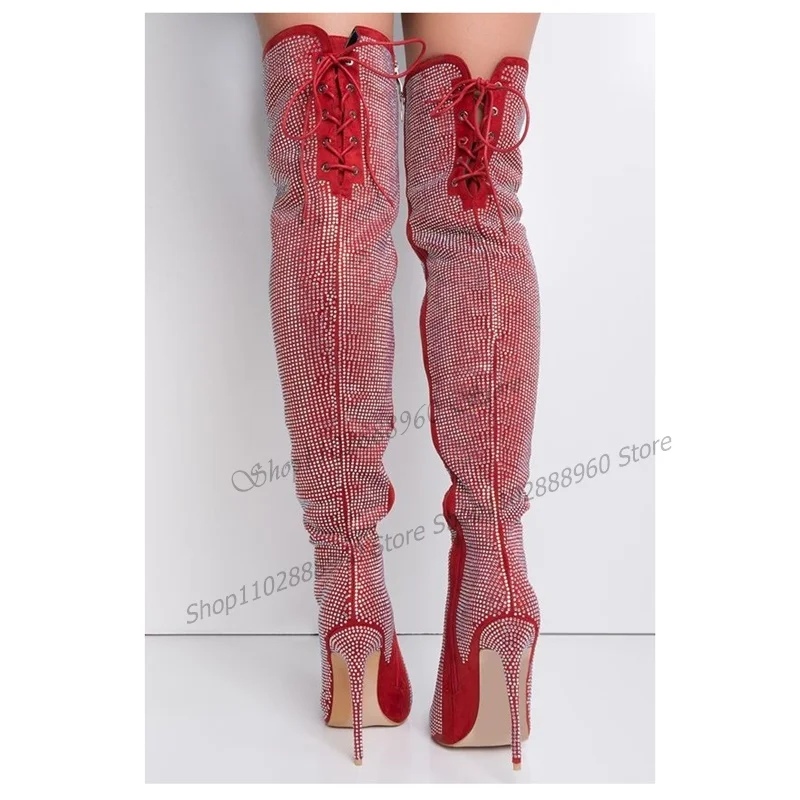 Red Over The Knee Cross-Tied Crystal Decor Boots Thin High Heel Women Shoes Side Zipper Pointed Toe 2023 Zapatos Para Mujere