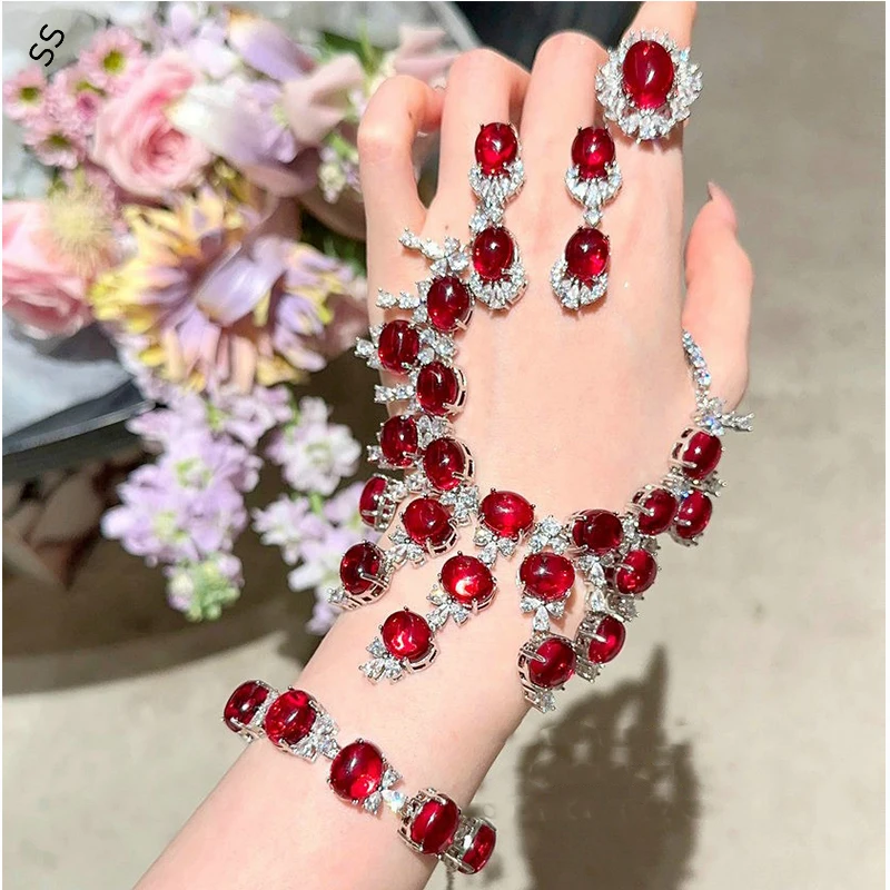 Luxury Noble Red Gemstone Zircon Jewelry Sets 4 Pieces Pomegranate Seed Flower Open Ring Bracelet Chain Necklace Earrings