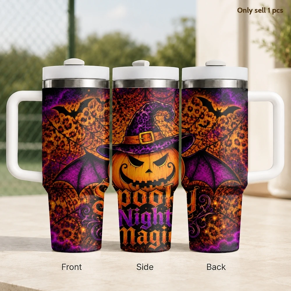 Witch Pumpkin Vacuum Flasks 40oz Stainless Steel Travel Tumbler with Handle Straw Lid Double Wall Vacuum Insulated