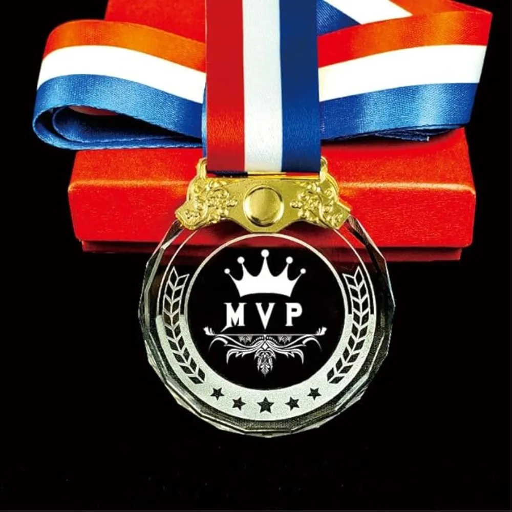 Custom Transparent Crystal Sports Trophy Medal for Winners Finalists Souvenirs DIY Design Glass Medal with Ribbon