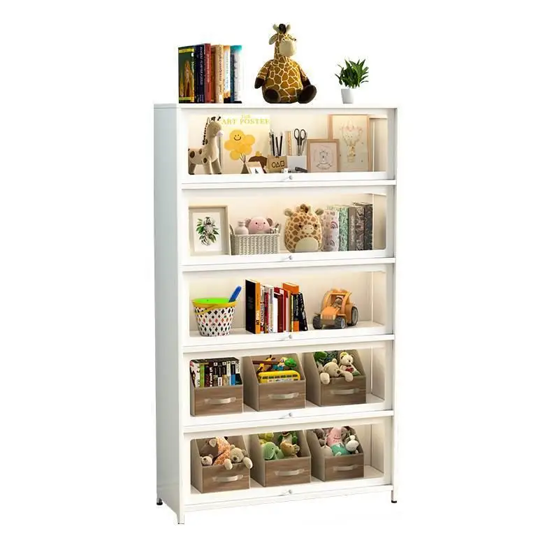 

Household wrought iron bookshelf, dustproof steel bookcase with tempered glass door, living room storage