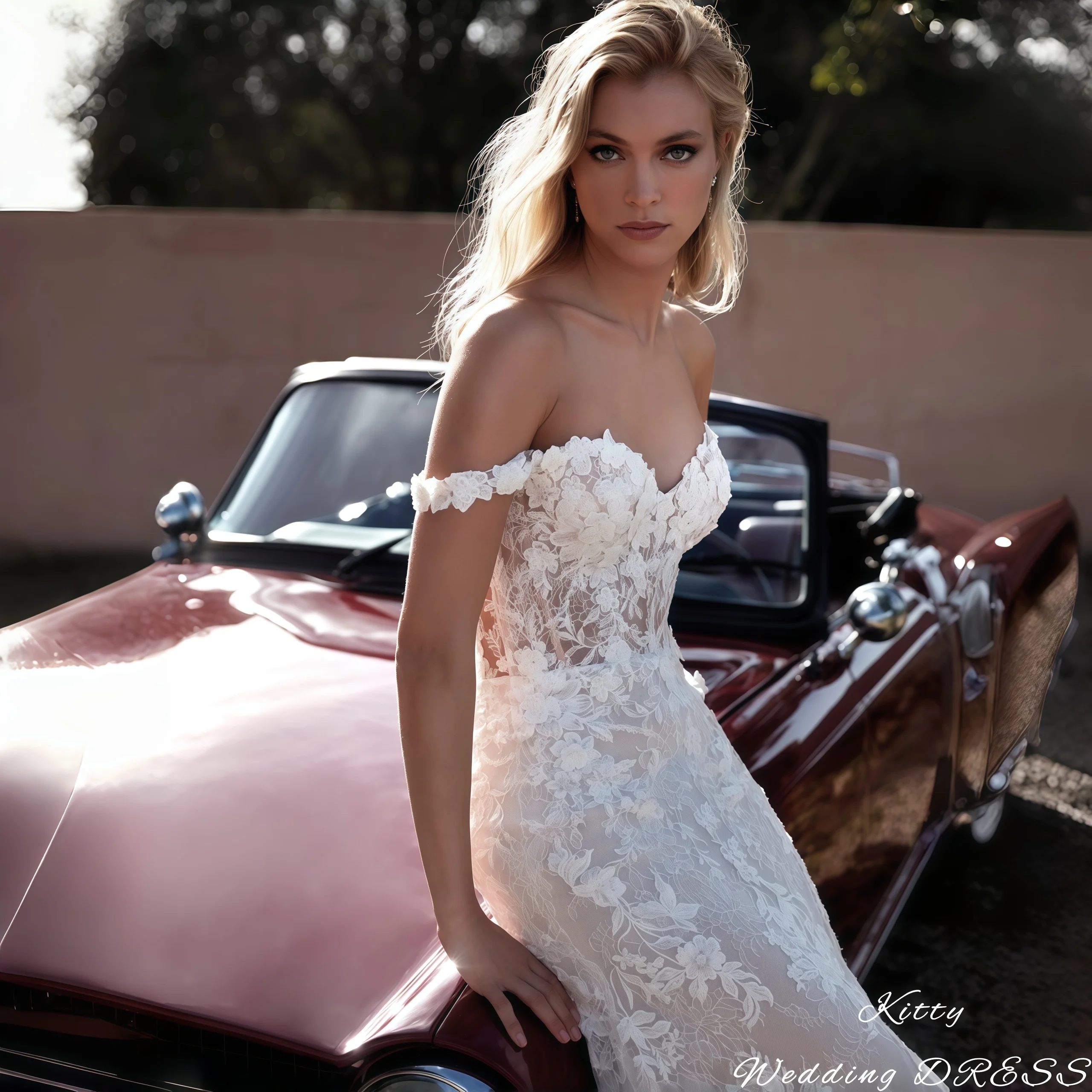 

Kitty Customized Romantic Wedding Dress Off-the-Shoulder Sweetheart Neck Floral Lace Applique Tulle Mermaid Train Bridal Gowns