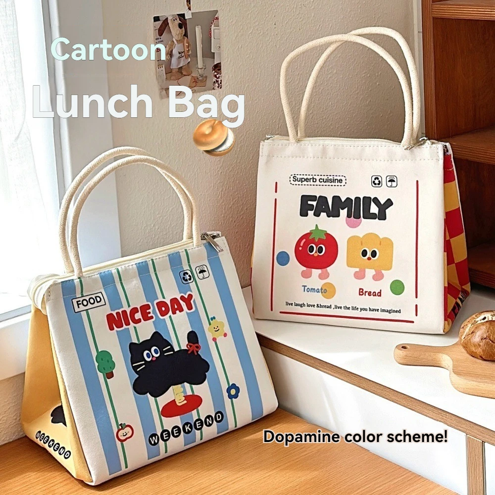 Insulated Lunch Bag Cute Cartoon Large Capacity Aluminum Foil Fresh-Keeping Handheld Bento Bag for Office Workers & Students