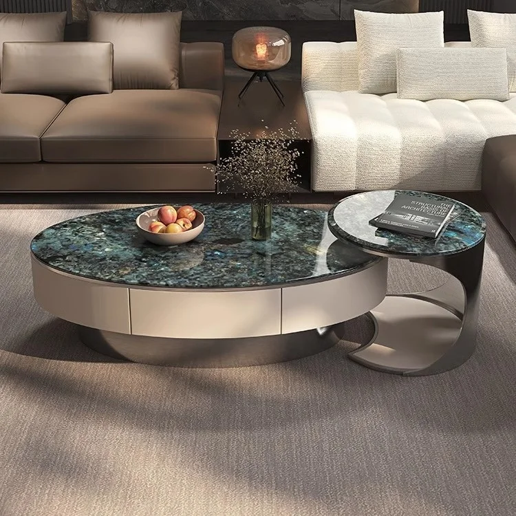 Modern Coffee Table - Stainless Steel Frame Oval Shape with Hidden Storage for Living Room Hotel Office