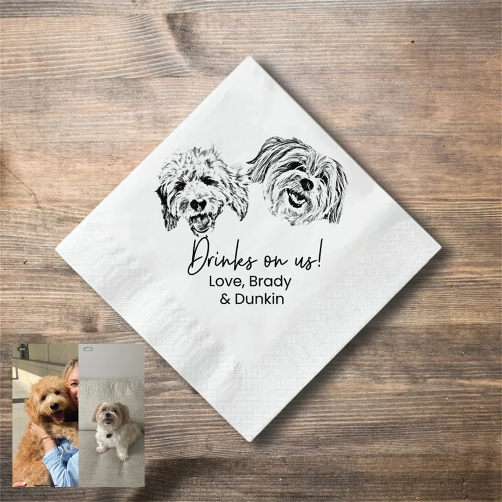 50PCS Custom Pet Sketch Cocktail Napkins, Pencil Sketch Portrait from Photo, Dog Wedding Napkins, Customized Pet Portrait Weddin