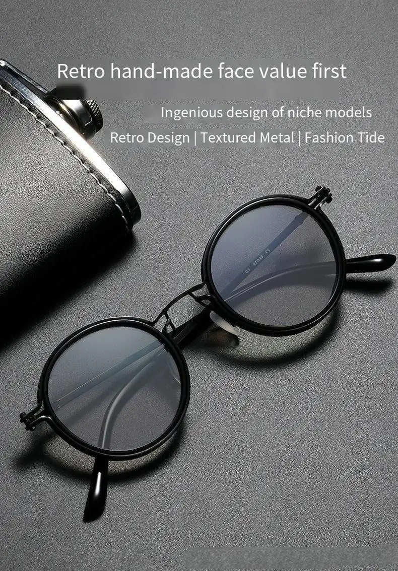 2026 Modische Neue Metall-Sonnenbrille mit Kleinem Rahmen, Runde Retro-Brille für Herren, Street-Photography-Brille, Hip-Hop UV-Schutz Sonnenbrille – Detail 1
