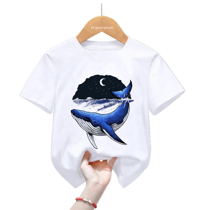 Cute Dolphin Moon Printed T Shirt For Girls/Boys Funny Kids Clothes White/Pink/Blue/Gray Tshirt Summer Fashion Tops Tee Shirt