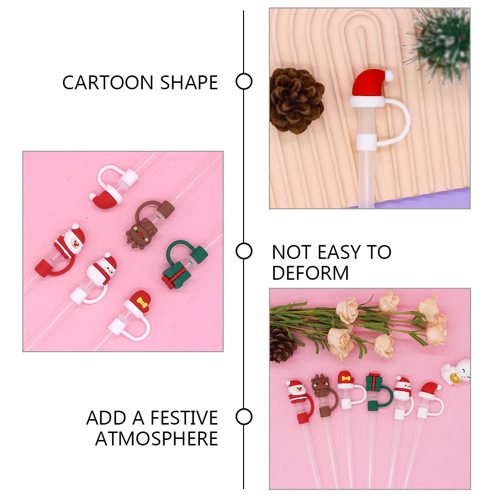 

6Pcs Christmas Straw Plug Silicone Caps Reusable Cartoon Straw Protectors Dustproof Covers for Tumblers Drink Accessories