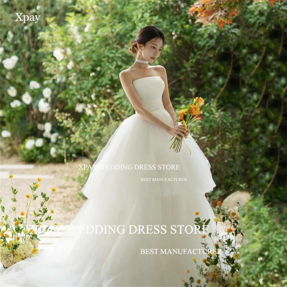 XPAY Strapless Korea A Line Wedding Dresses Tiered Tulle Bride Gowns Open Back Sleeveless Photography Customised Bridal Dress