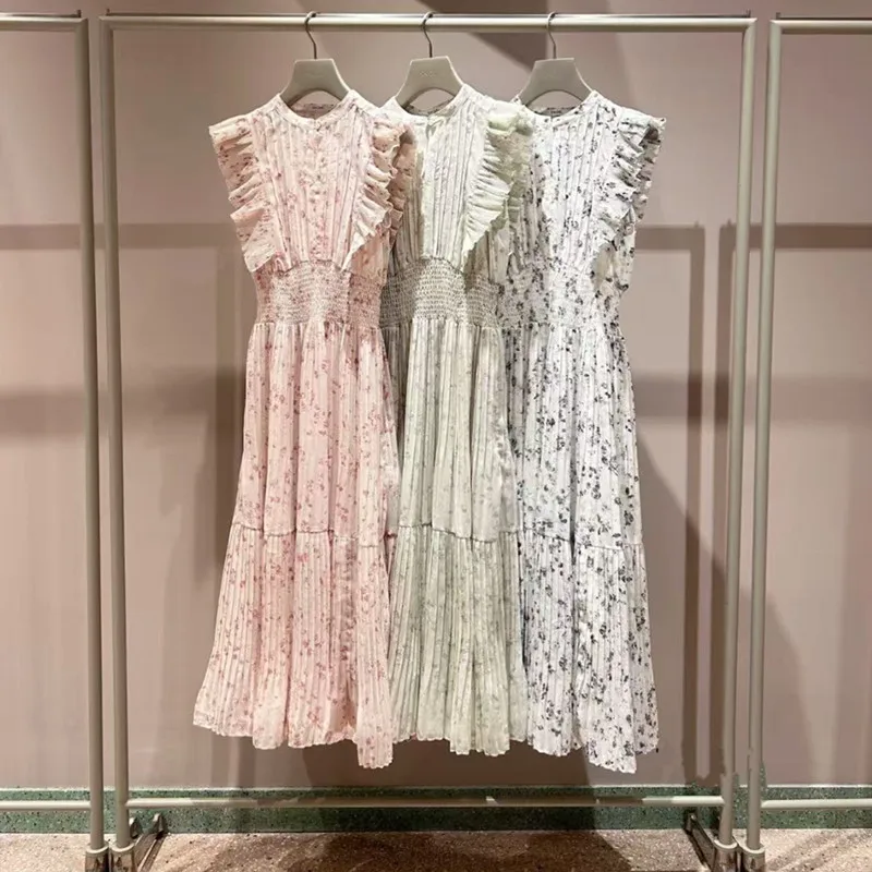 Magogo novo doce o pescoço manga voadora vestido babados chiffon impressão retalhos plissado robe japão elegante literário casual vestidos