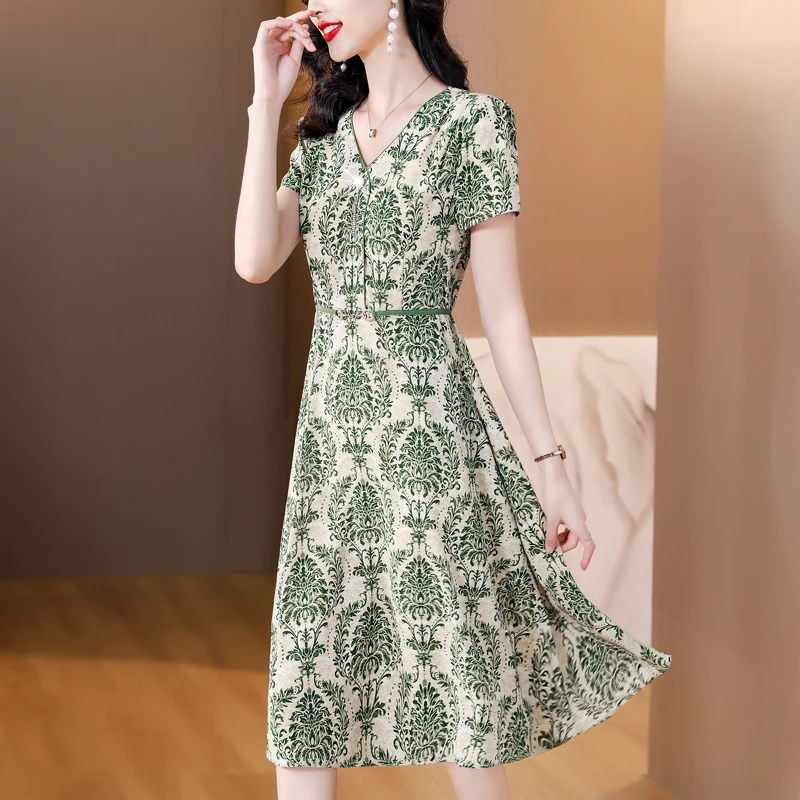 2025 Spring Summer Print Short Sleeve Dress Korean Vintage Women Office Dress Elegant Bodycon Black Party Evening Vestidos