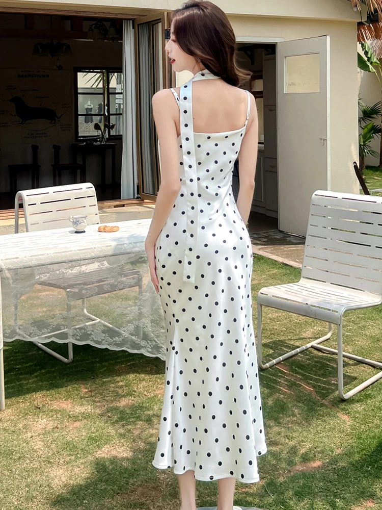 2025 الأبيض الساتان البولكا نقطة شيك حبال مثير فستان طويل الكورية خمر الفاخرة المرأة فستان الصيف أنيقة Bodycon فساتين السهرة