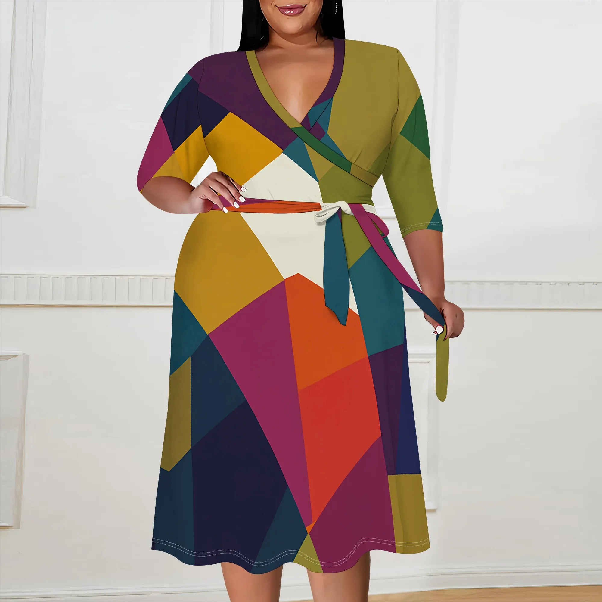

Plus Size Colorblock Wrap Dress XL-6XL V-Neck Geometric Style for Juneteenth Parade or Afro Art Event