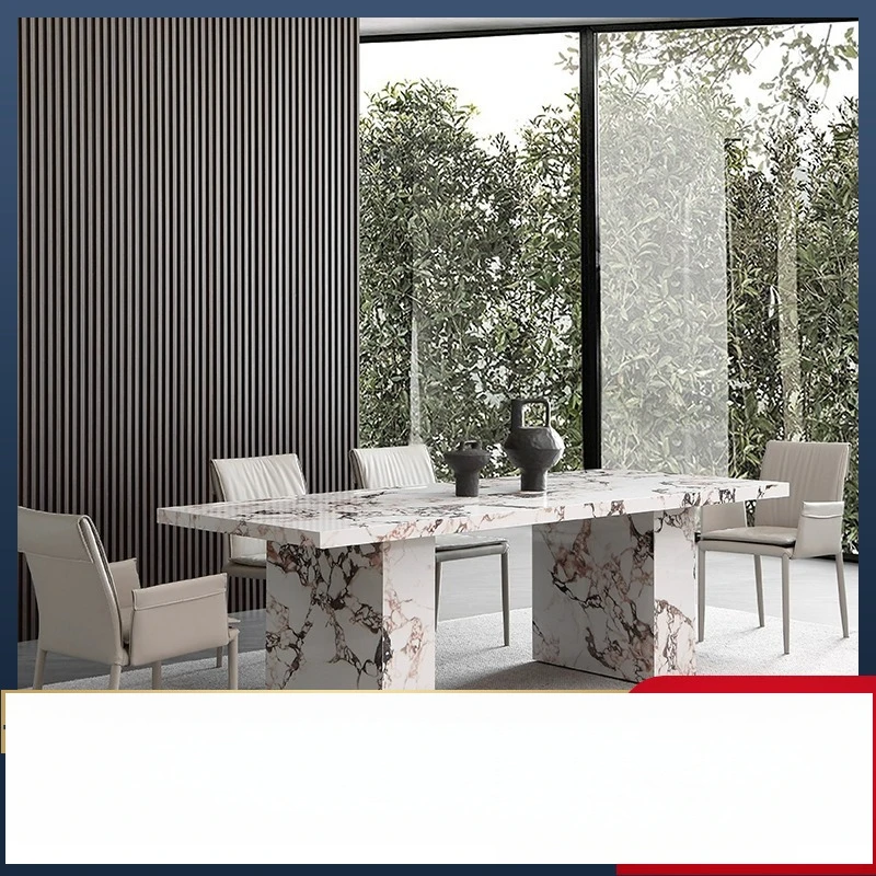 

Italian minimalist rock slab luxury stone dining table Venice brown light luxury rectangular villa home dining table luncheon
