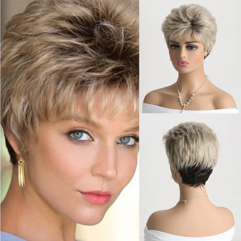 

OUCEY Brown Blonde Wig Female Synthetic Hair Wigs Women Short Straight Fluffy Pixie Cut Wigs for Women Daily Party Use Natural