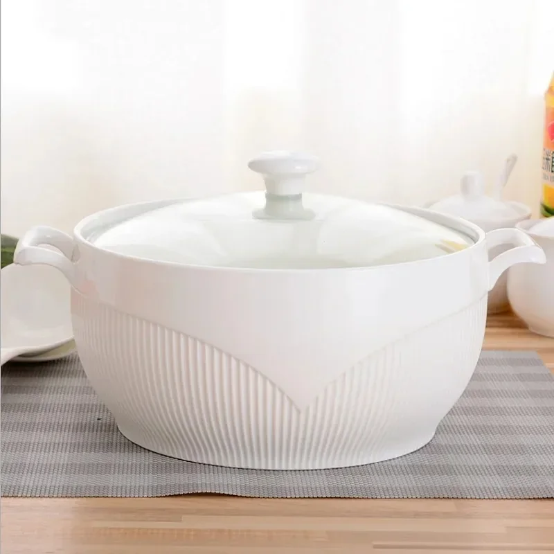 Ceramic Soup Pot  White Round Nordic Phnom Penh 2.6L Large Bowl with Lid Cooking Utensils Household Kitchen Supplies Tableware