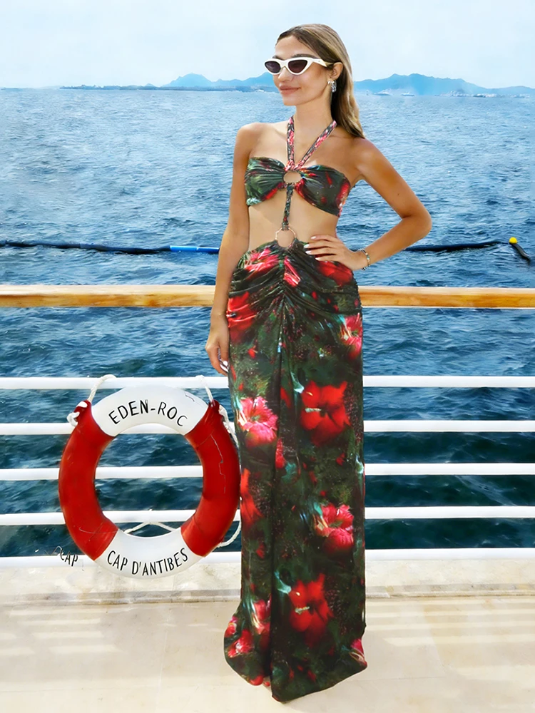 Cutenew Vakantie Gevlochten Halter Jurk Vrouwen Cirque Strapless Zomer Tailleless Party Clubwear Ruches Bloemen Skinny Vestidos