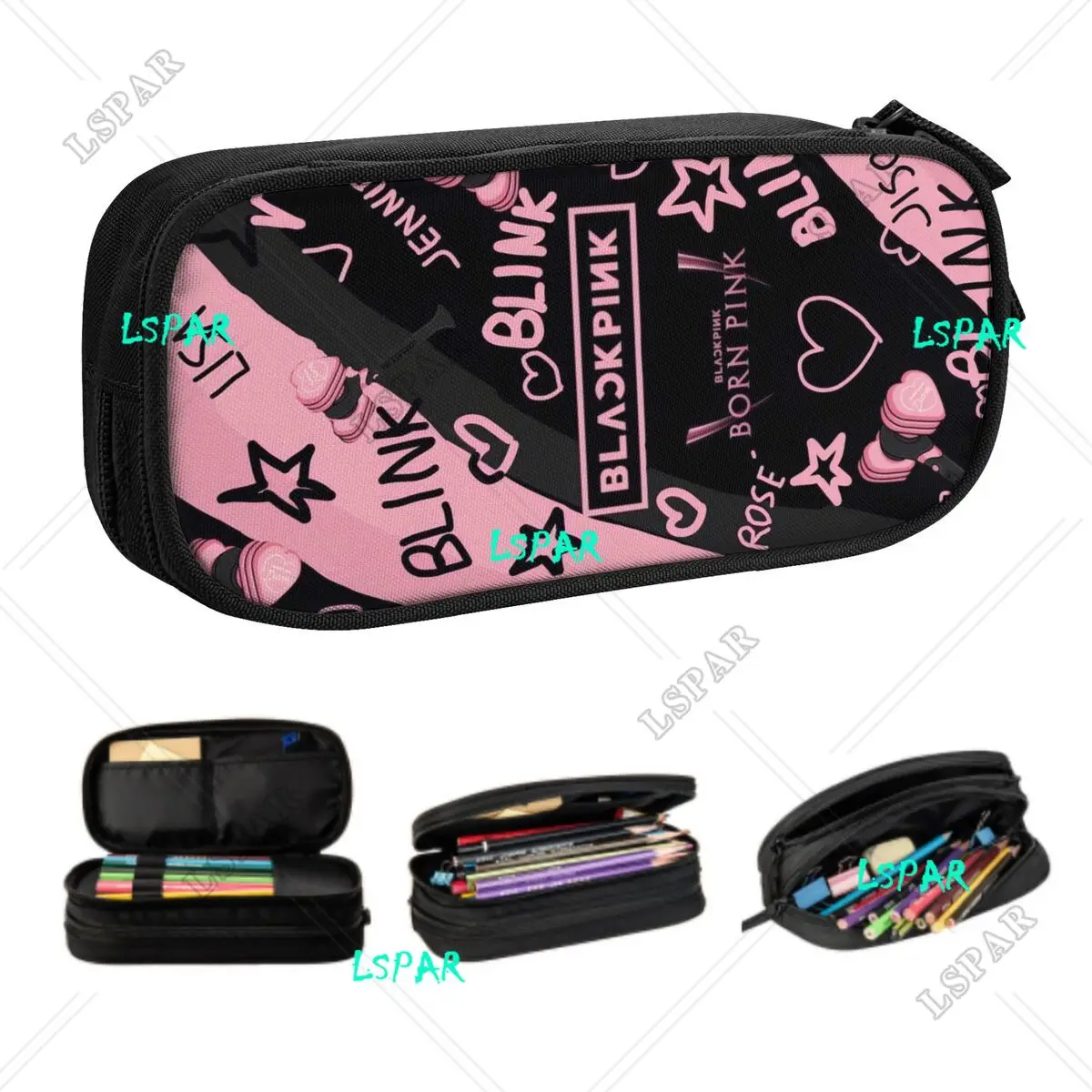 Kpop Bp Kawaii Pencil Case para Estudantes, Caixa de Lápis de Grande Capacidade para Meninos e Meninas, Papelaria Preta e Rosa