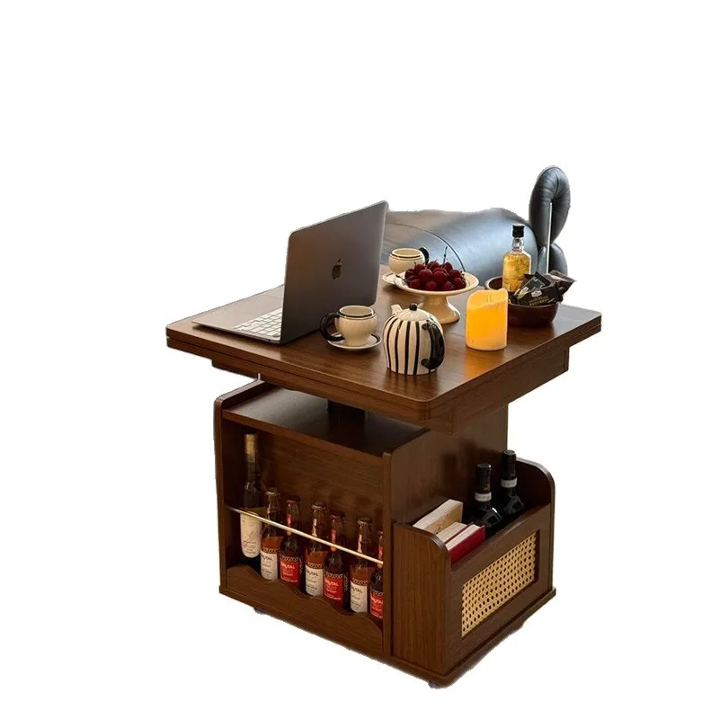 Meja kopi lipat portabel dari kayu solid, troli kecil untuk apartemen, meja kopi lipat yang dapat diangkat, meja teh ruang tamu multifungsi