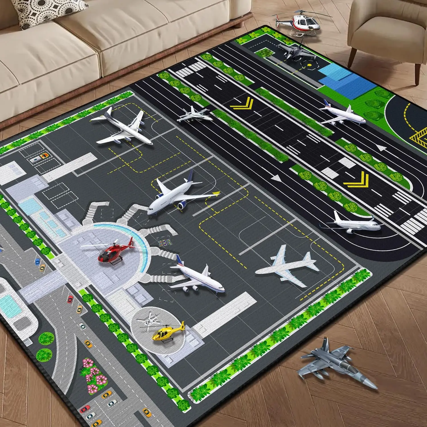 Kids Airport Play Rug, Interactive Design with Runways,Planes & Airport Layout, Non-Slip Washable Floor Mat for Nursery Playroom