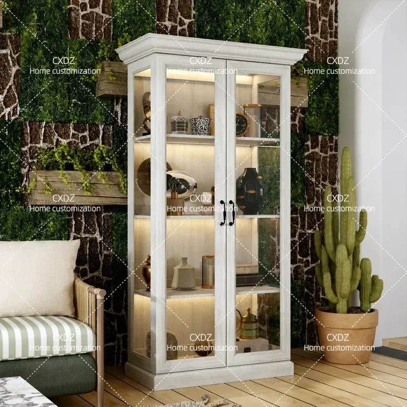 Rural Retro Glass Door Bookcase Wall Mounted High End Dining Side Wine Cabinet Storage Display Shelf