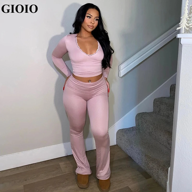 

GIOIO 2024 spring and summer fashion sexy V-neck lace navel two-piece solid color sports long-sleeved pants tight suit