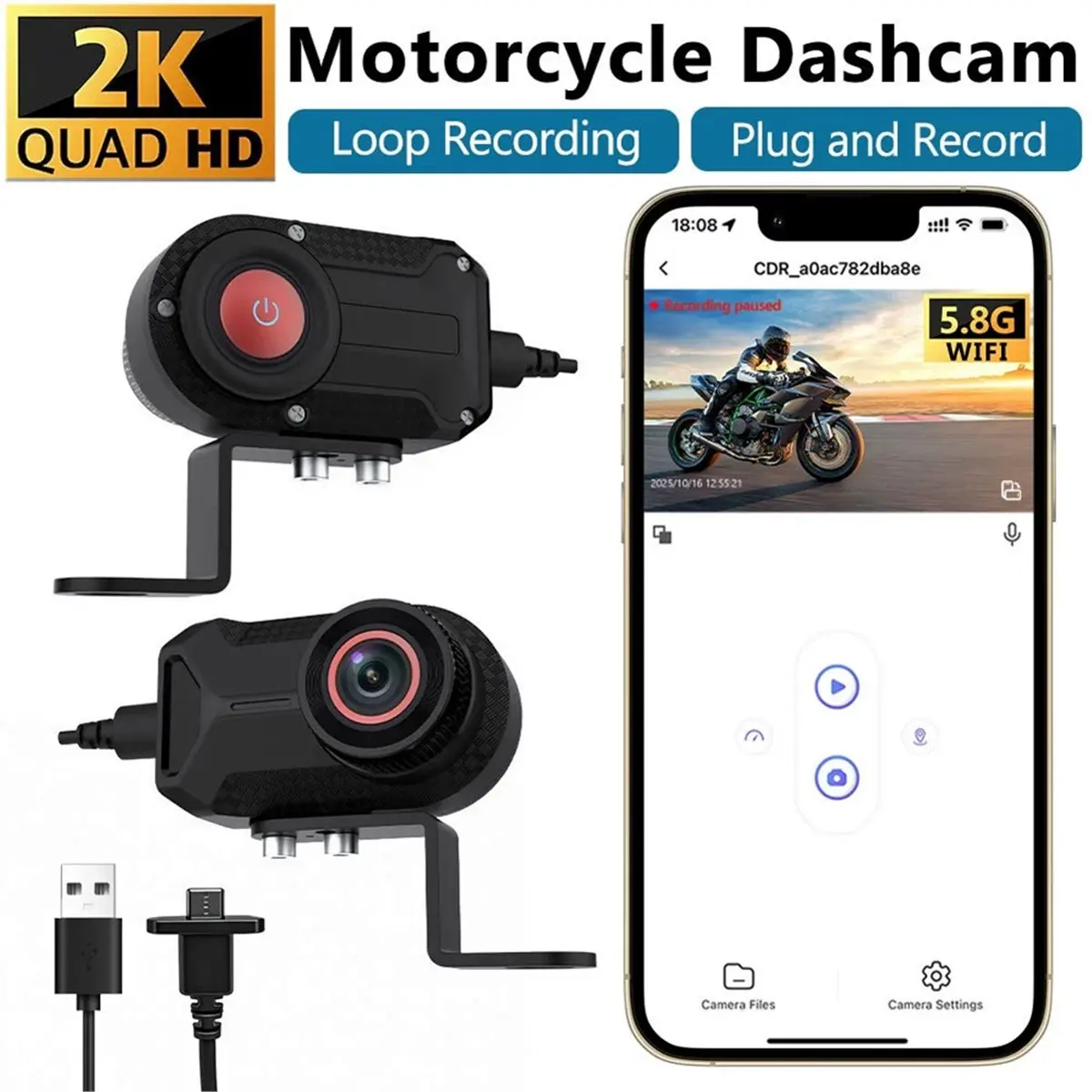 Compatible 2K HD WiFi Motorcycle Driving Dash Cam DVR Camcorder IP66 Waterproof Loop Recording Video Recorder Dash Cam