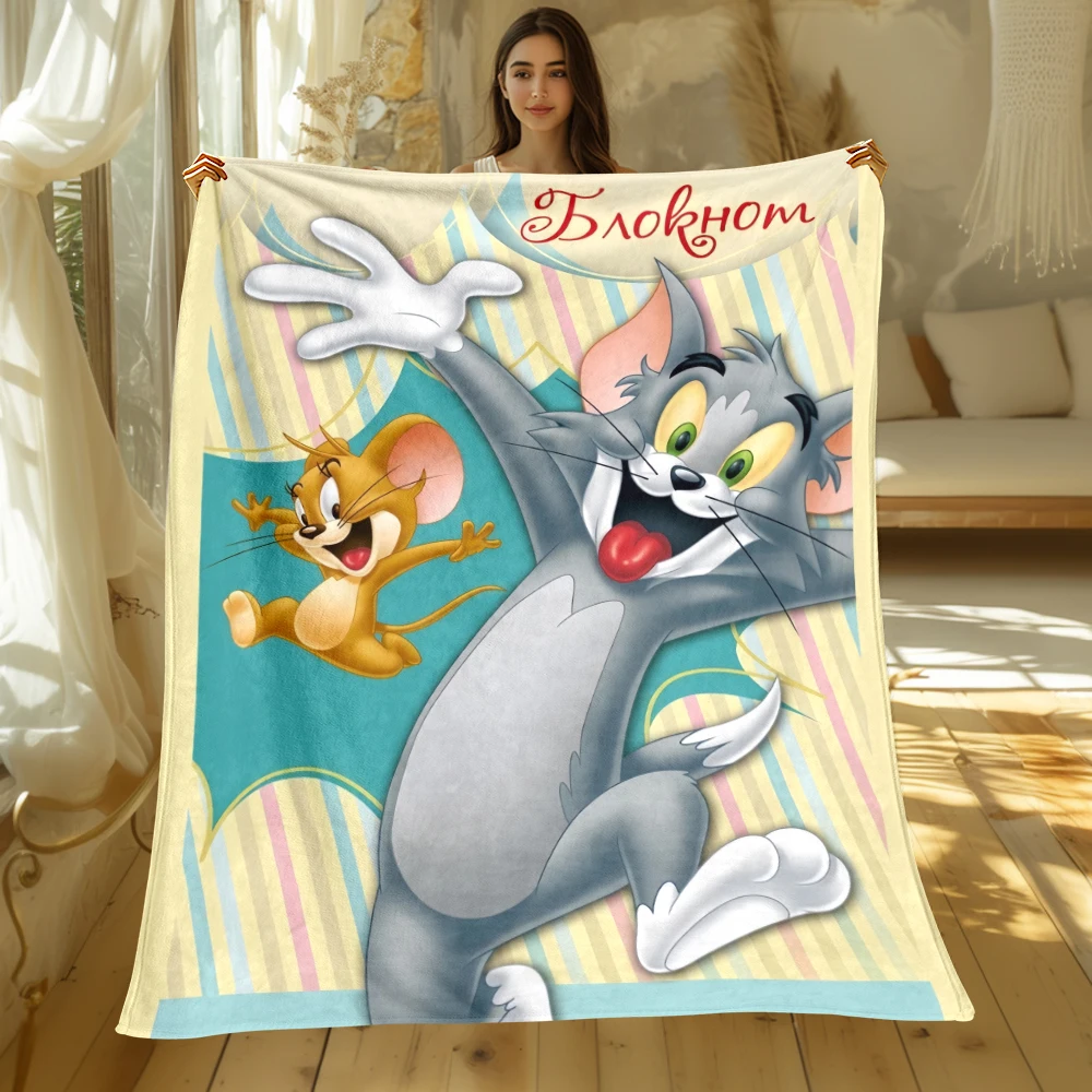 Cat and Mouse Cartoon HD Art Printed Blanket. Oversized Sofa Blanket Soft Warm Flannel Covered Blanket Cape Camping