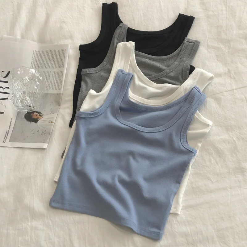 Fashionable Summer Solid Color Round Neck Threaded Elastic Vest for Women, Slim Fit and Slimming, Short Inner Top