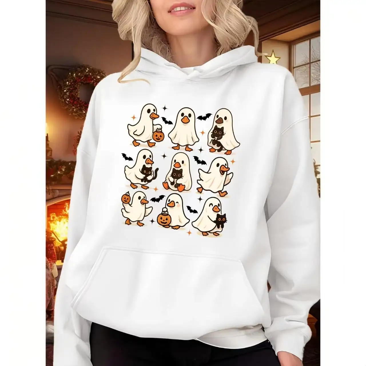 

Ghost Duck Halloween Hoodie, Funny Cute Cartoon Animal Graphic Sweatshirt, Women's Fall Streetwear Crewneck Pullover Top