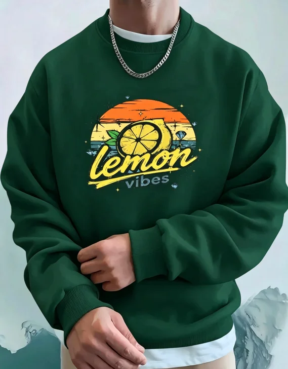 Men Crew Neck Sweatshirt Retro Lemon Vibes Sunset Graphic Print Long Sleeve Pullover Casual Loose Streetwear Male Tops