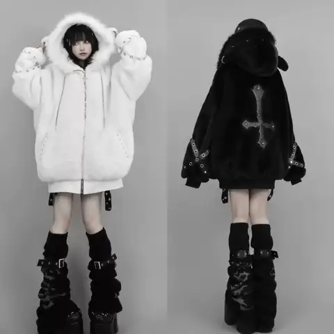Japanese Dark Punk Winter Fluffy Hooded Cardigan Sweet Cool Harajuku Subculture Long Coat Open-Sided Jacket for Street Style