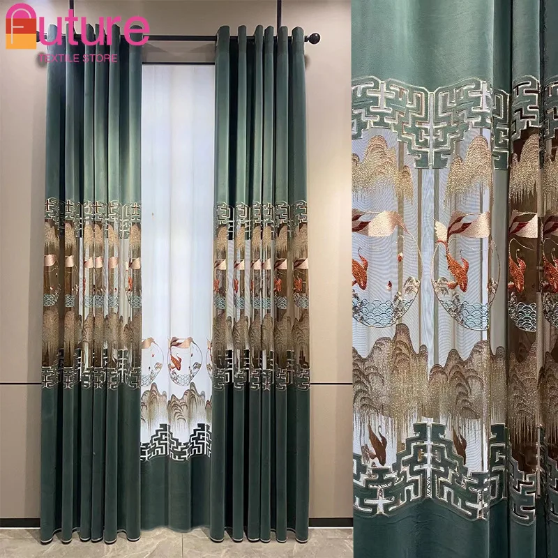 

Chinese Style Embroidery Hollowed Out Flannelette Splicing Curtains for Living Room Bedroom French Window Study Customization