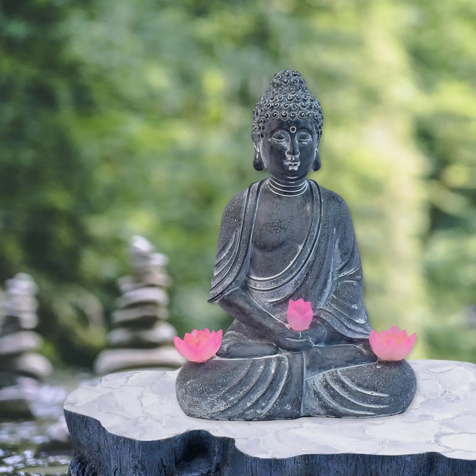 Garden Buddha Solar Statue Resin Decorative Outdoor Sculpture Collectible Ornament for Tranquil Home Decor